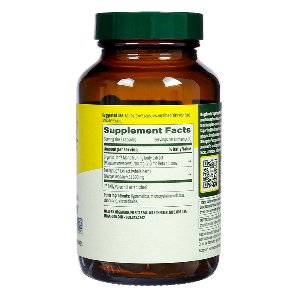 Supplement facts label of MegaFood Focus Support, 60 capsules, showing serving size, ingredients including lion's mane extract and Bacopa monnieri.