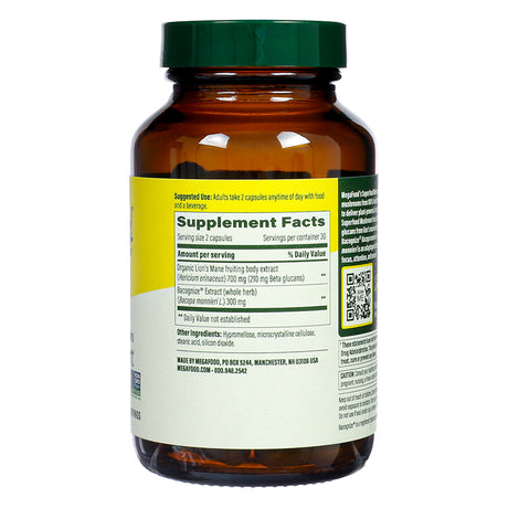 Supplement facts label of MegaFood Focus Support, 60 capsules, showing serving size, ingredients including lion's mane extract and Bacopa monnieri.
