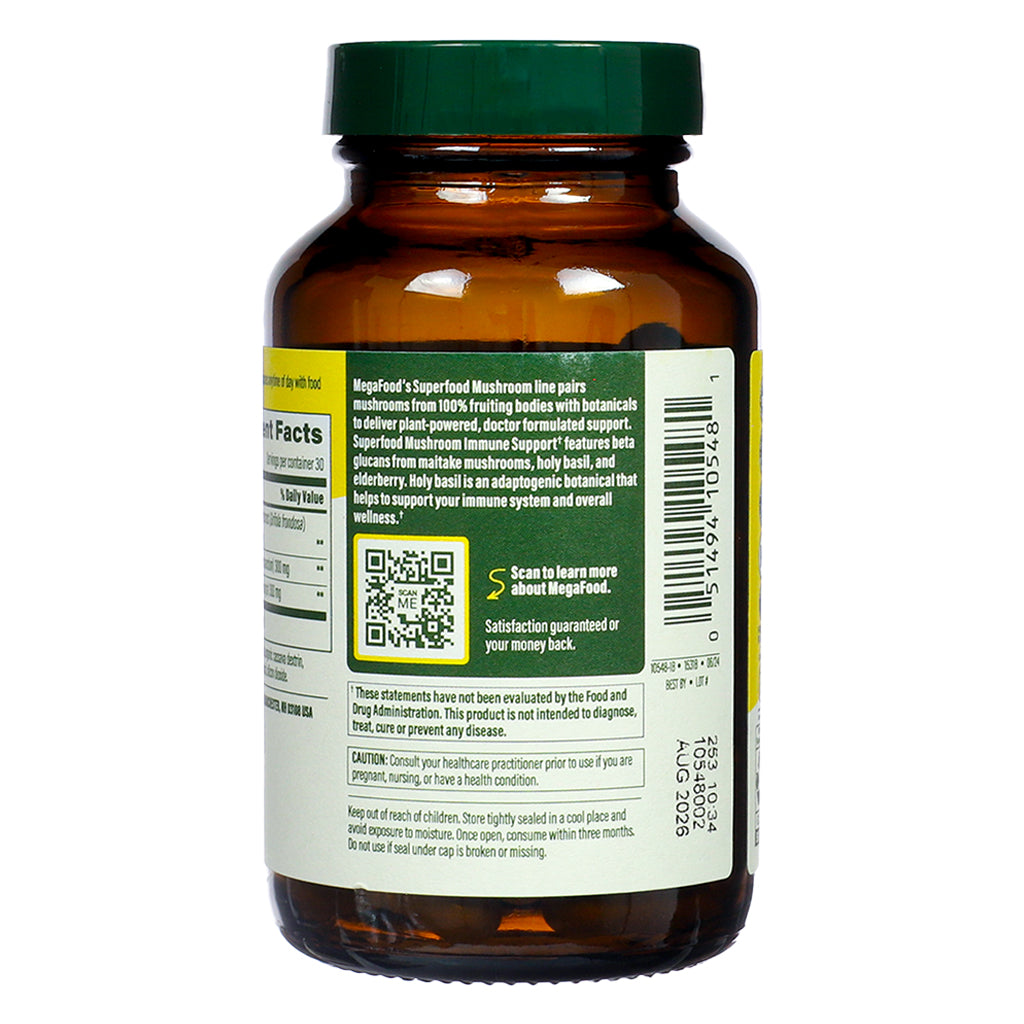 Side label of MegaFood Immune Support, 60 capsules, highlighting immune health benefits, QR code, and supporting herbal ingredients.