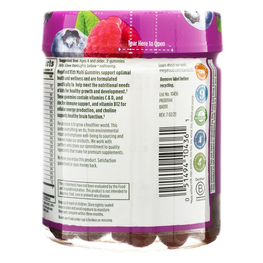 The back of a MegaFood Kids Multi Gummies jar, displaying suggested use, product benefits, and company commitments. The label states that the gummies are formulated to support kids' health and development, including brain function and immune support. It also highlights the brand’s dedication to quality ingredients and sustainability.