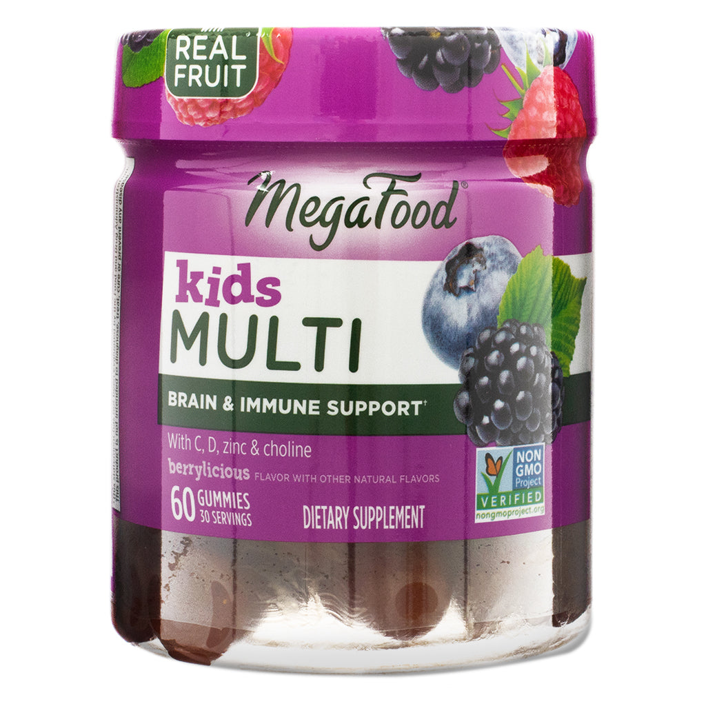 A clear plastic jar of MegaFood Kids Multi Gummies, featuring the front label with product branding. The label highlights brain & immune support, key ingredients like vitamins C, D, zinc, and choline, and a berrylicious flavor. The jar contains 60 gummies (30 servings) and is Non-GMO Project Verified.
