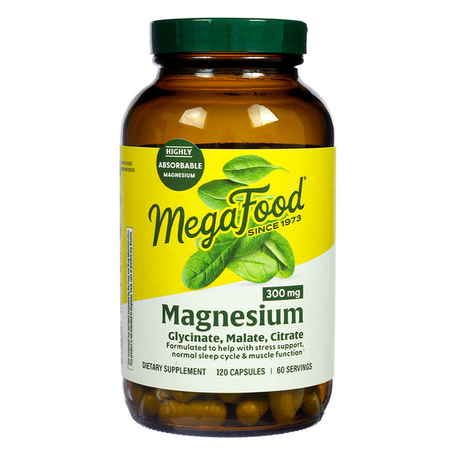 Front label view of MegaFood Magnesium 300mg 120 Capsules, highlighting a highly absorbable blend of glycinate, malate, and citrate for stress and sleep support.

