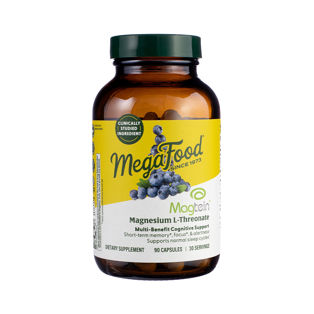 MegaFood Magtein Magnesium L-Threonate Capsules, front label highlighting magnesium for brain health in a bioavailable L-threonate form.