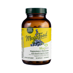 MegaFood Magtein Magnesium L-Threonate capsules amber bottle with yellow label and green cap, 90 capsules