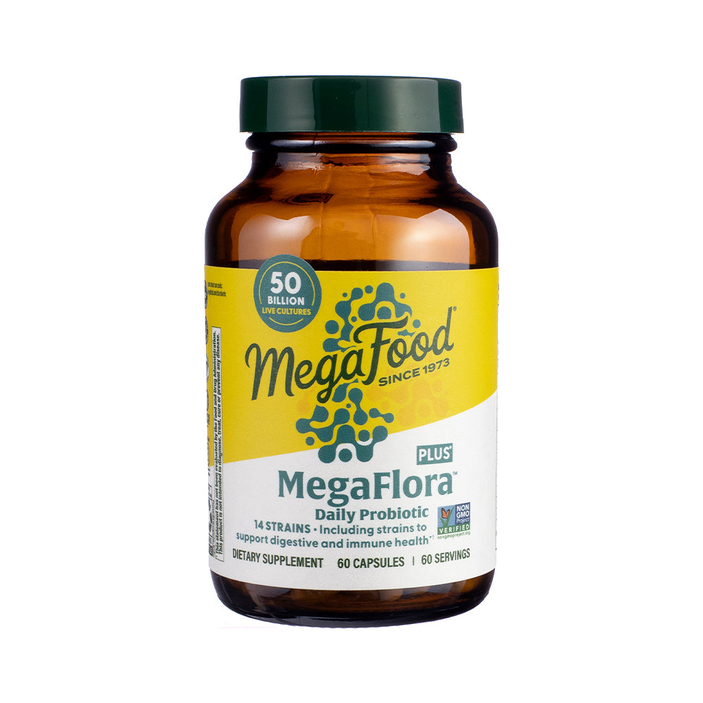 MegaFood MegaFlora® Plus Capsules, front label showcasing a high-potency probiotic supplement for digestive and immune support.