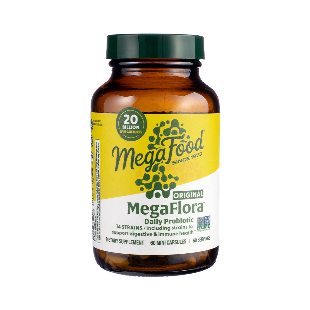 MegaFood MegaFlora® Probiotic Original Capsules 60 Capsules, front label highlighting gut health probiotic blend in a 60-capsule format.