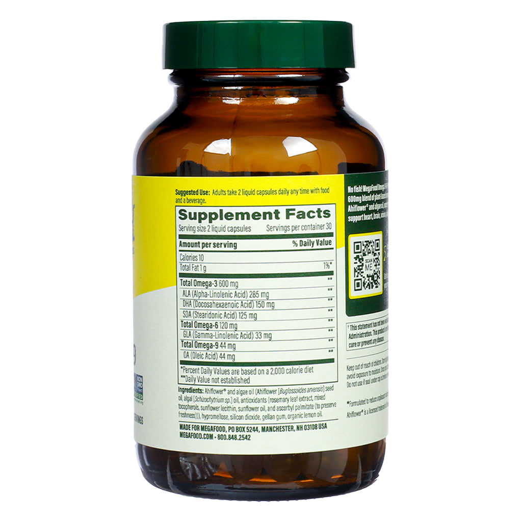 Supplement facts label of MegaFood Omega 3-6-9, 60 vegan capsules, listing omega fatty acid content and nutritional values per serving.