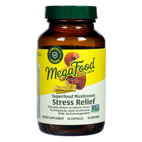 Front label of MegaFood Stress Relief, Superfood Mushroom dietary supplement with 60 capsules, featuring reishi mushroom and KSM-66 Ashwagandha for stress reduction.

