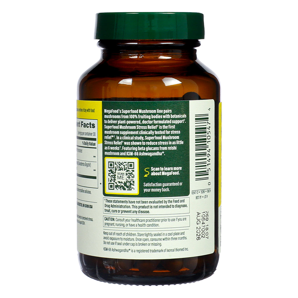 Side label of MegaFood Stress Relief, 60 capsules, with product description, stress relief claims, QR code, and satisfaction guarantee.