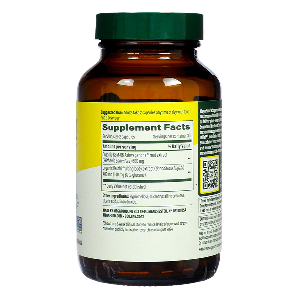 Supplement facts label of MegaFood Stress Relief, 60 capsules, listing ingredients including KSM-66 Ashwagandha and reishi mushroom extract.

