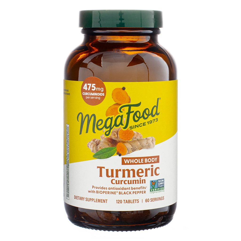 The front of the MegaFood Turmeric Curcumin Extra Strength - Whole Body, 120 Tablets bottle, with a yellow and white label. The label prominently displays "475 mg curcuminoids per serving" and an image of turmeric root. The product is a dietary supplement formulated with BioPerine® black pepper extract for antioxidant benefits.