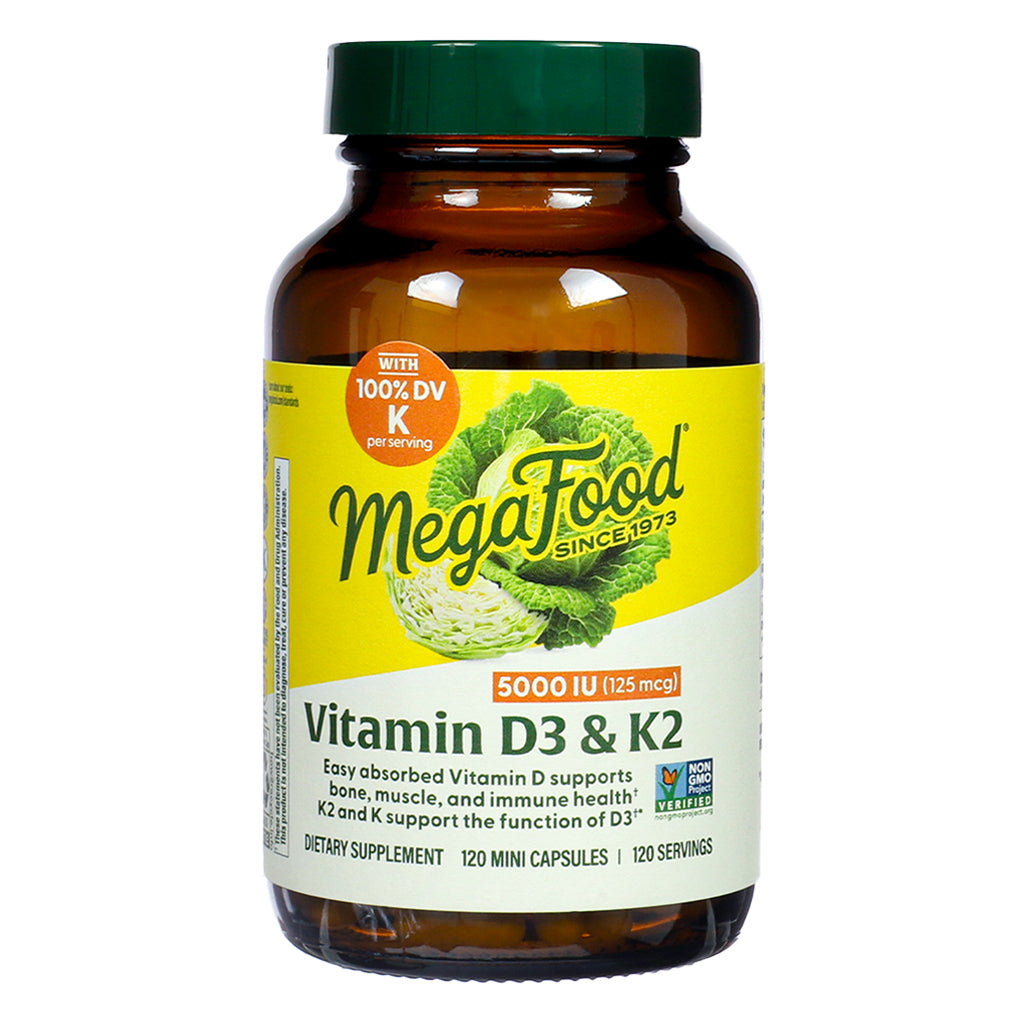 Front label view of MegaFood Vitamin D3 & K2 5000 IU 120 Mini Capsules, emphasizing support for bone, muscle, and immune health with 100% DV vitamin K per serving.

