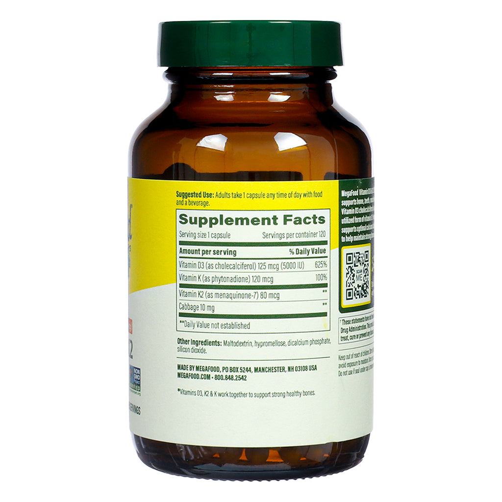 Supplement Facts panel of MegaFood Vitamin D3 & K2 5000 IU 120 Mini Capsules, listing doses of vitamin D3, K, K2, and cabbage extract with ingredient and usage instructions.
