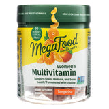 The front view of MegaFood Women’s Multivitamin Gummies, 60-count, Tangerine flavor, in a clear plastic jar with a green lid. The label features an image of fresh tangerines and highlights "19 nutrients plus real fruit." The product supports brain, immune, and bone health and is Non-GMO Project Verified.