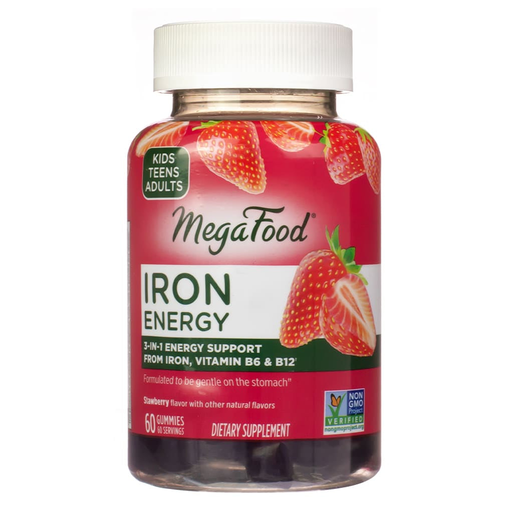 A bottle of MegaFood Iron Energy Gummies containing 60 gummies (60 servings). Formulated with iron, vitamin B6, and B12, these strawberry-flavored gummies provide 3-in-1 energy support, are non-GMO verified, and are designed to be gentle on the stomach.