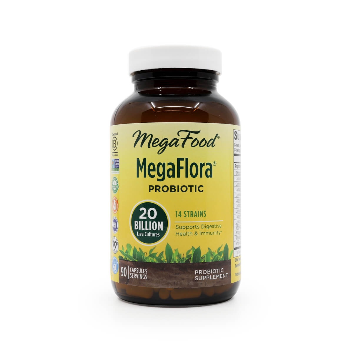 A brown glass bottle of MegaFood MegaFlora Probiotic dietary supplement, labeled with "20 Billion Live Cultures" and "90 capsules / servings." The label highlights 14 probiotic strains that support digestive health and immunity, and features leafy graphics at the bottom.