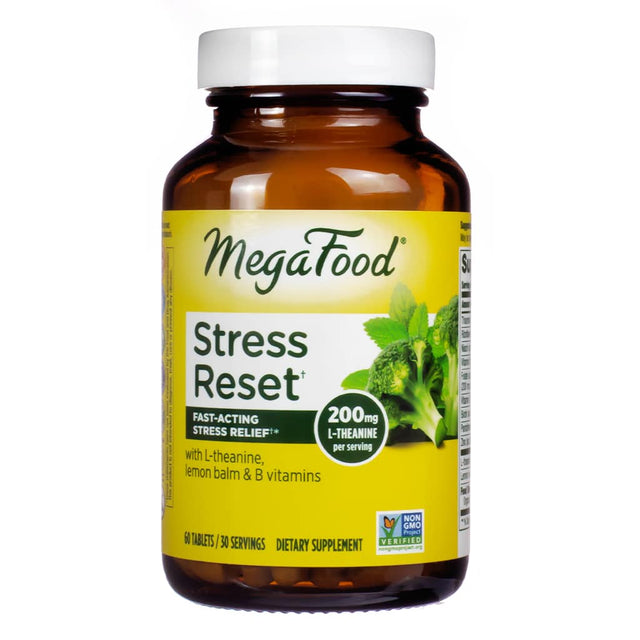 A bottle of MegaFood Stress Reset Tablets with 60 tablets, designed to provide 30 servings. Formulated with 200mg of L-theanine, lemon balm, and B vitamins for fast-acting stress relief. Non-GMO verified and made with high-quality ingredients.