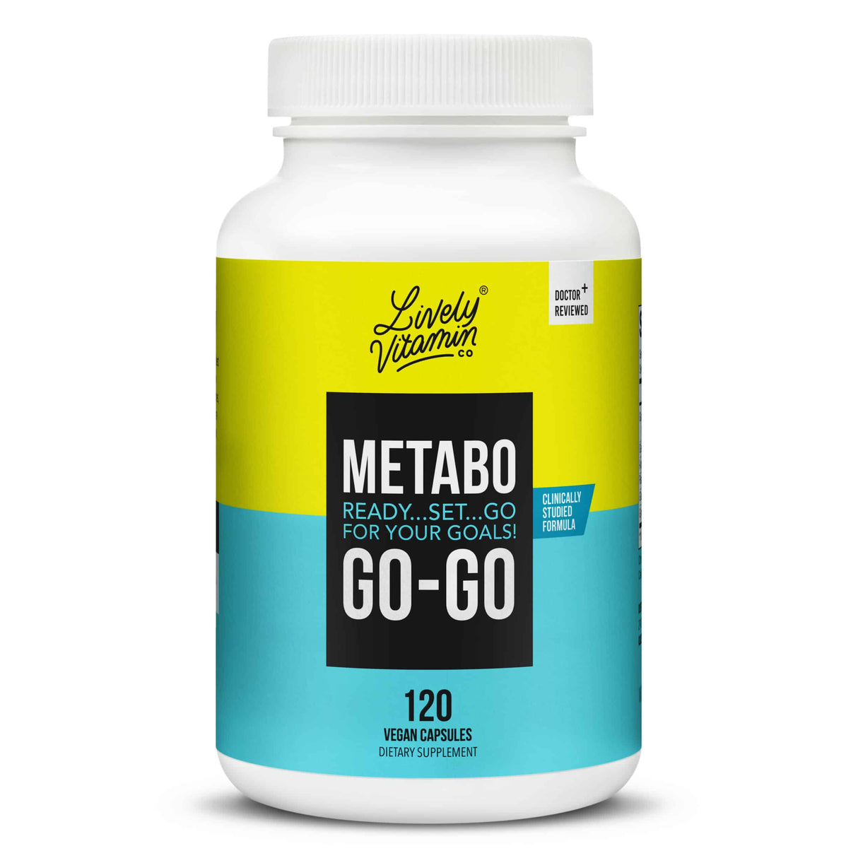 A front-facing image of the MetaboGoGo 120 Vegan Capsules bottle by Lively Vitamin Co. The bright yellow and blue label highlights the tagline, “Metabo Ready...Set...Go for Your Goals!” and emphasizes its clinically studied formula. The bottle contains dietary supplements designed to boost energy and metabolism.