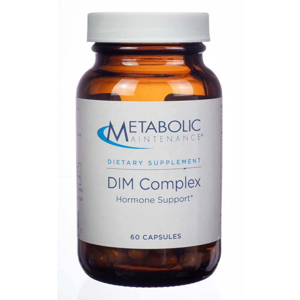 A brown glass bottle of Metabolic Maintenance DIM Complex with 60 capsules, designed for hormone support.