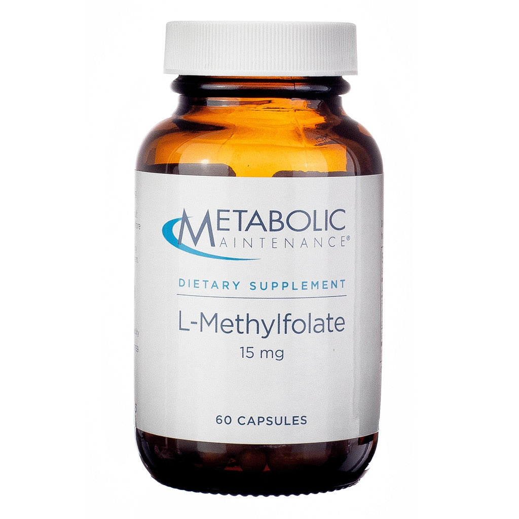 A brown glass bottle of Metabolic Maintenance L-Methylfolate 15 mg with 60 capsules, supporting methylation and mental health.