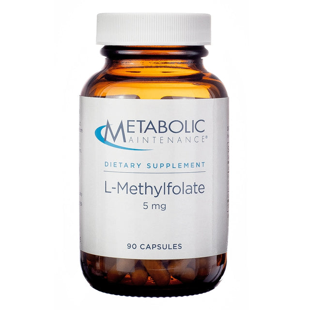 A brown glass bottle containing 90 capsules of Metabolic Maintenance L-Methylfolate 5 mg for methylation and folate supplementation.