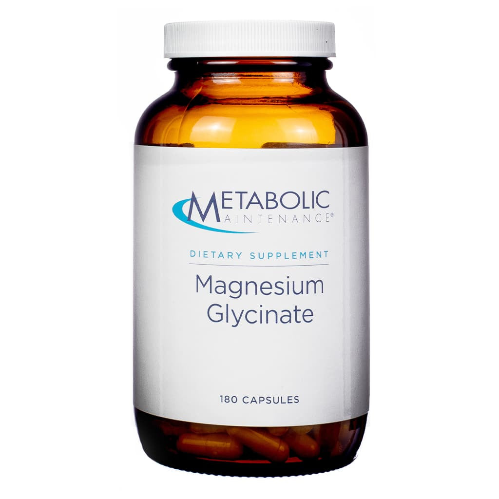 A large brown glass bottle containing 180 capsules of Metabolic Maintenance Magnesium Glycinate for muscle and nerve health.