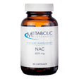 A brown glass bottle of Metabolic Maintenance NAC (N-acetylcysteine) 600 mg with 60 capsules for antioxidant and lung support.