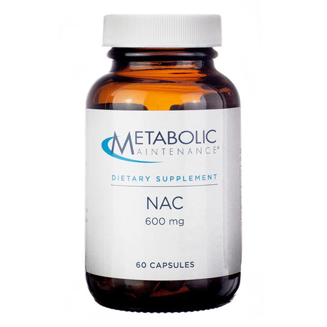 A brown glass bottle of Metabolic Maintenance NAC (N-acetylcysteine) 600 mg with 60 capsules for antioxidant and lung support.