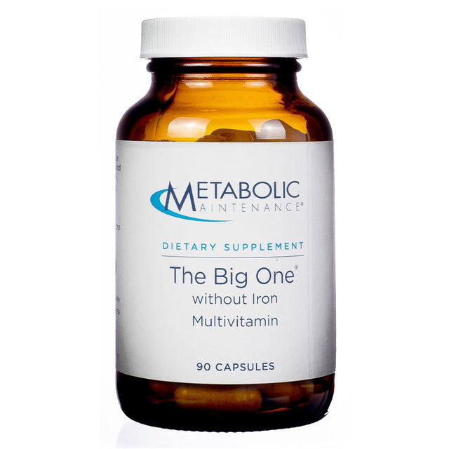 A brown glass bottle labeled "Metabolic Maintenance The Big One without Iron Multivitamin," containing 90 capsules designed as a dietary supplement for daily nutritional support.