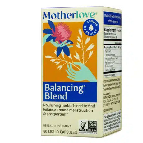 Motherlove Balancing Blend, 60 liquid capsules. A herbal supplement in a rectangular box with floral illustrations, designed to support hormonal balance around menstruation and postpartum. Non-GMO Project Verified.