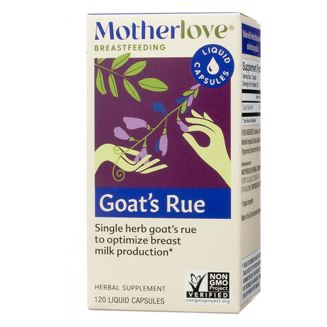 A beige and purple box labeled "Motherlove Breastfeeding Goat's Rue," promoting breast milk production using a single herb. Contains 120 liquid capsules and is non-GMO verified.