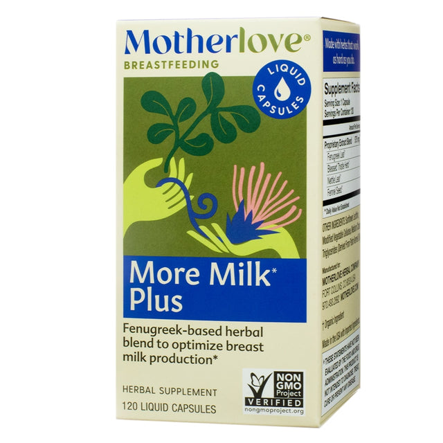 A colorful box showcasing "Motherlove More Milk Plus Liquid Capsules," a fenugreek-based herbal blend for breastfeeding moms to optimize milk production. The package contains 120 liquid capsules, verified by the Non-GMO Project.