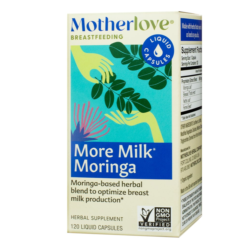 The box highlights "Motherlove More Milk Moringa Liquid Capsules," a herbal supplement using moringa leaf for supporting breastfeeding moms. This product comes in a 120-capsule pack, certified non-GMO and crafted for milk production optimization.