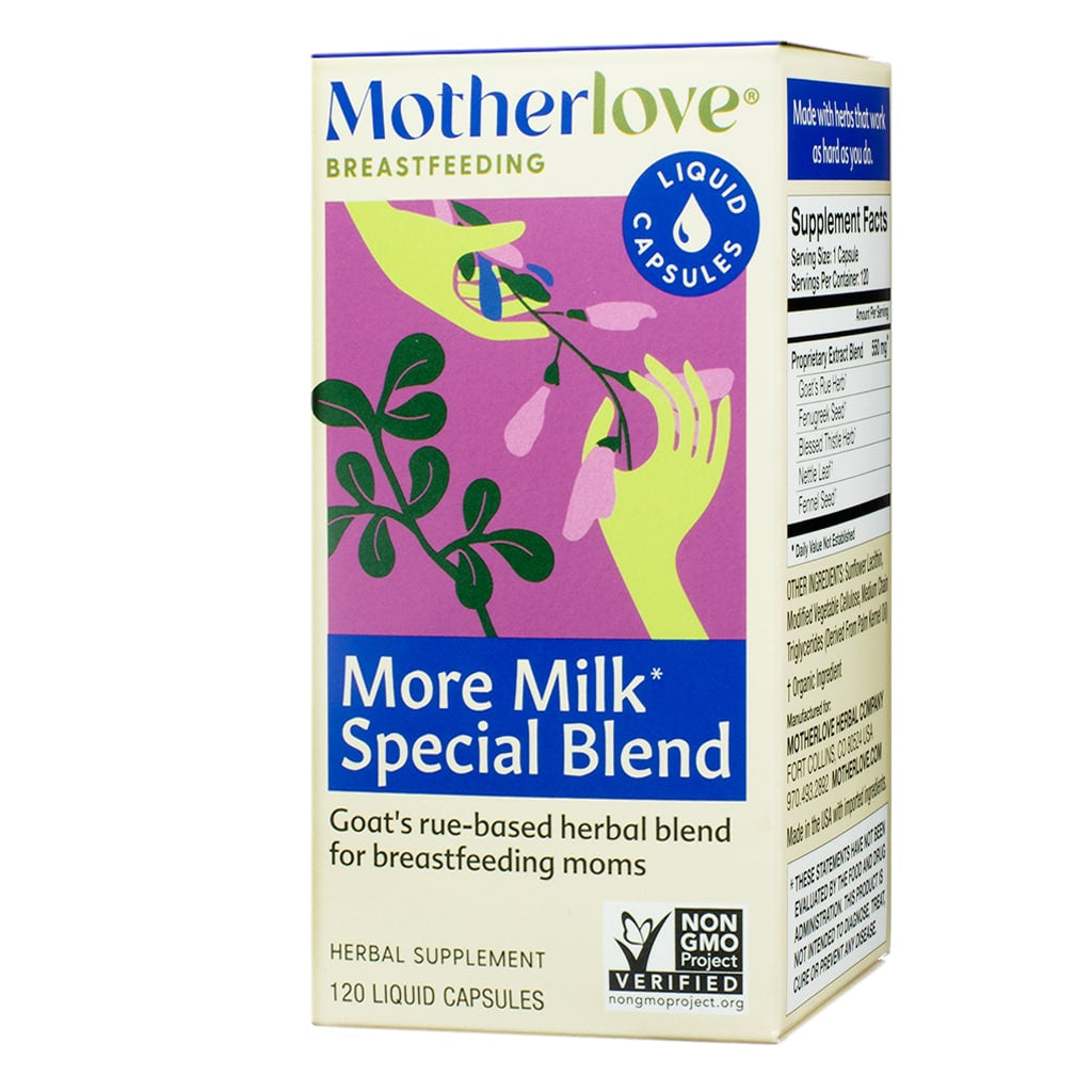 A cream and purple box labeled "Motherlove More Milk Special Blend." This herbal supplement is a goat’s rue-based formula designed for breastfeeding moms, featuring 120 liquid capsules and verified as Non-GMO.