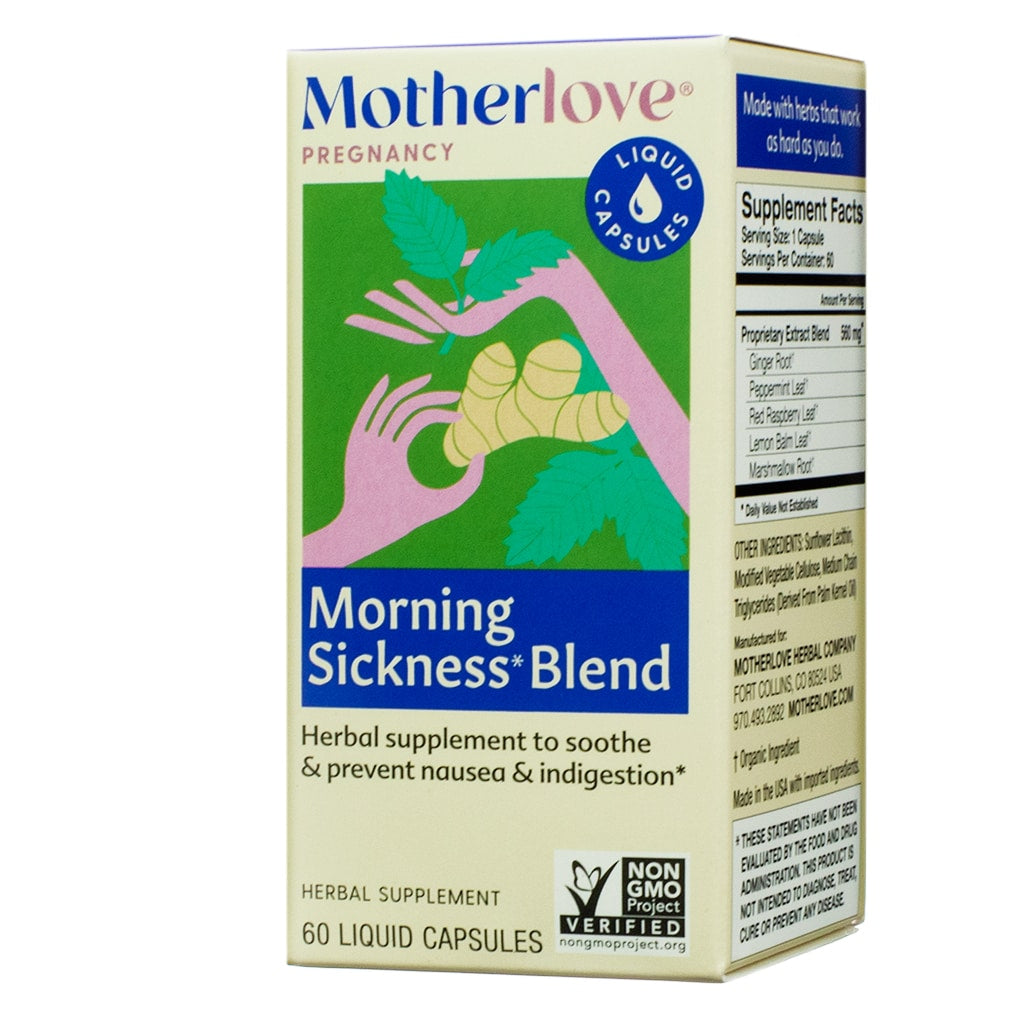 A cream and green box labeled "Motherlove Morning Sickness Blend." This herbal supplement is formulated with ginger and peppermint to soothe and prevent nausea and indigestion during pregnancy, offering 60 liquid capsules and verified as Non-GMO.