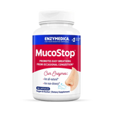 Enzymedica MucoStop 48 capsules bottle with red and blue label, enzymes that promote easy breathing