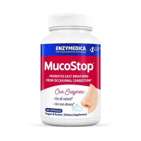 Enzymedica MucoStop 48 capsules bottle with red and blue label, enzymes that promote easy breathing