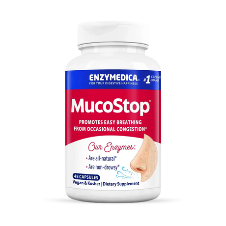Enzymedica MucoStop 48 capsules bottle with red and blue label, enzymes that promote easy breathing