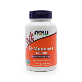 NOW Foods D-Mannose 500 mg 120 Veg Capsules white bottle with purple cap and orange-red label