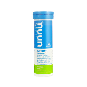 Nuun Sport Lemon Lime effervescent tablets tube, blue and white label with green bottom, 10 servings container