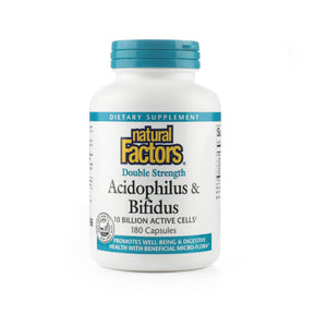 Natural Factors Acidophilus & Bifidus Double Strength 10 Billion, white bottle with blue label, 180 capsules