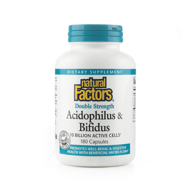 Natural Factors Acidophilus & Bifidus Double Strength 10 Billion, white bottle with blue label, 180 capsules