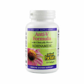 Natural Factors Anti-V Formula with Echinamide 120 softgels white bottle with green and purple label