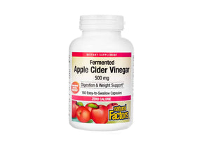 Natural Factors Fermented Apple Cider Vinegar 500 mg bottle, white label with apples, 180 easy-to-swallow capsules