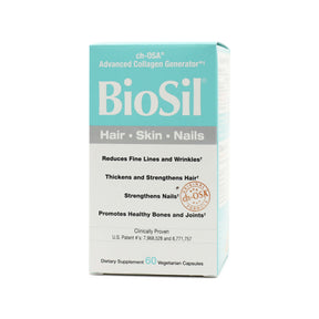 BioSil Skin Hair Nails 60 vegetarian capsules box, turquoise and white front label packaging