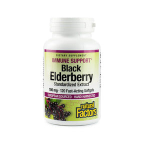 Natural Factors Black Elderberry Standardized Extract 100 mg 120 softgels, white bottle with yellow label