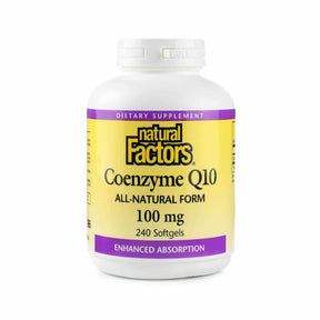 Natural Factors Coenzyme Q10 100 mg 240 softgels white bottle with yellow label and purple accents