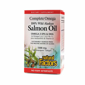 Natural Factors Complete Omega Wild Alaskan Salmon Oil 1300 mg 180 softgels box, white label with red top and bottom