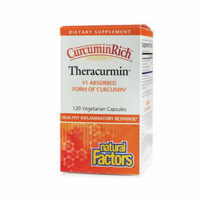 Natural Factors CurcuminRich Theracurmin 120 vegetable capsules box, white and orange supplement package
