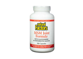 Natural Factors MSM Joint Formula white bottle, red and white label, 180 capsules dietary supplement